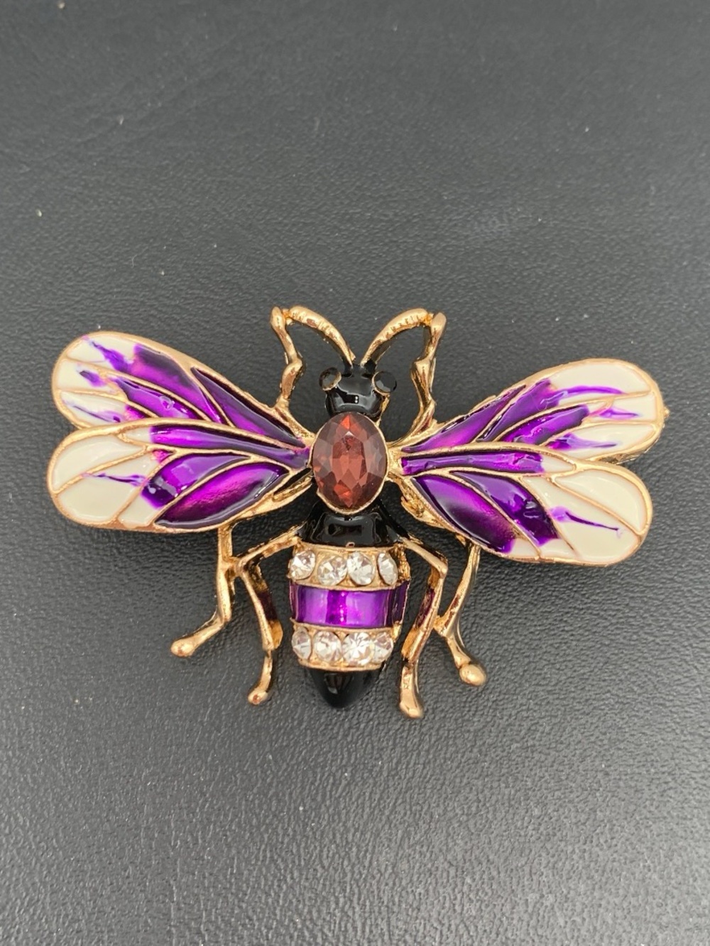 Purple Enamel Bee Brooch with Crystal Accents